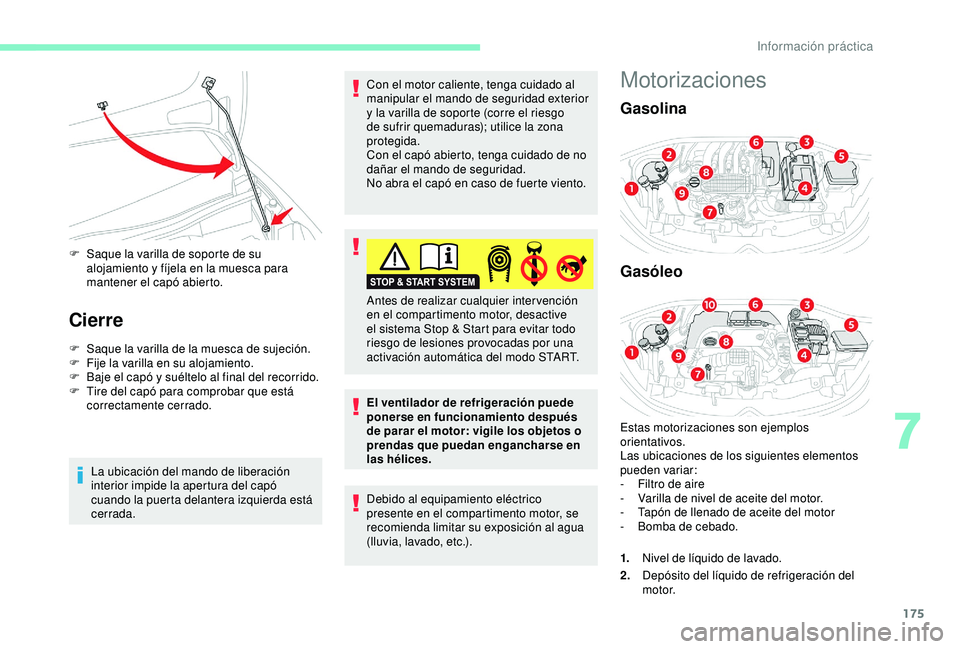 CITROEN C3 AIRCROSS 2019 Manuales de Empleo (in Spanish) 175
F Saque la varilla de soporte de su alojamiento y fíjela en la muesca para
mantener el capó abierto.
Cierre
F Saque la varilla de la muesca de sujeción.
F F ije la varilla en su alojamiento.
F CITROEN C3 AIRCROSS 2019 Manuales de Empleo (in Spanish) 175
F Saque la varilla de soporte de su alojamiento y fíjela en la muesca para
mantener el capó abierto.
Cierre
F Saque la varilla de la muesca de sujeción.
F F ije la varilla en su alojamiento.
F