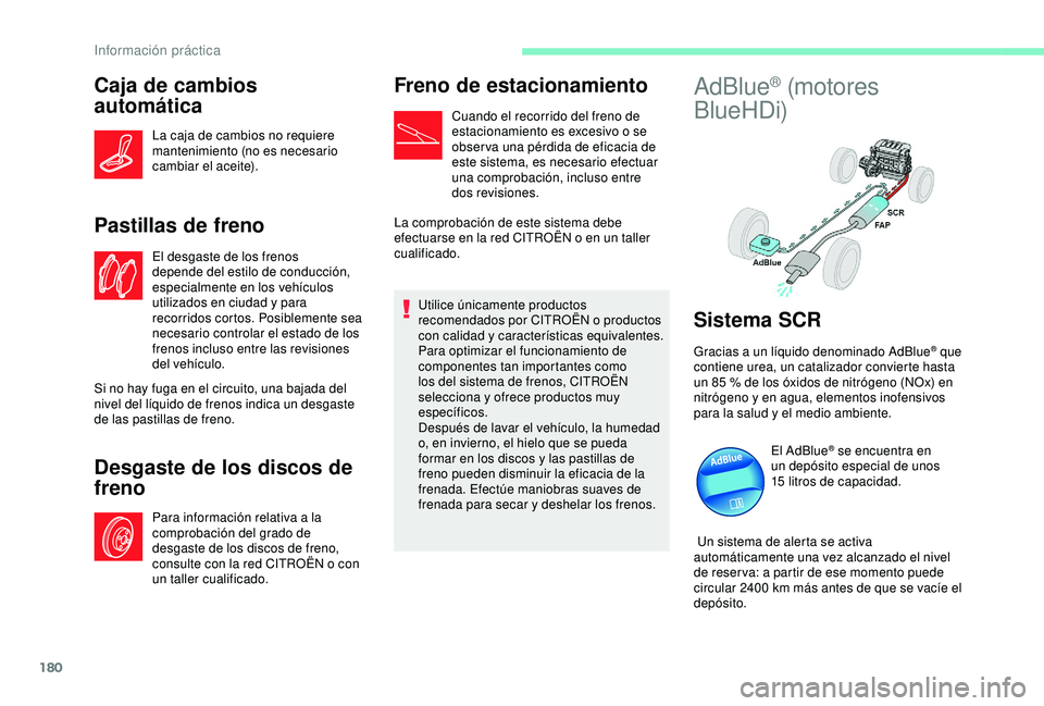 CITROEN C3 AIRCROSS 2019 Manuales de Empleo (in Spanish) 180
Caja de cambios
automática
La caja de cambios no requiere
mantenimiento (no es necesario
cambiar el aceite).
Pastillas de freno
El desgaste de los frenos
depende del estilo de conducción,
e CITROEN C3 AIRCROSS 2019 Manuales de Empleo (in Spanish) 180
Caja de cambios
automática
La caja de cambios no requiere
mantenimiento (no es necesario
cambiar el aceite).
Pastillas de freno
El desgaste de los frenos
depende del estilo de conducción,
e