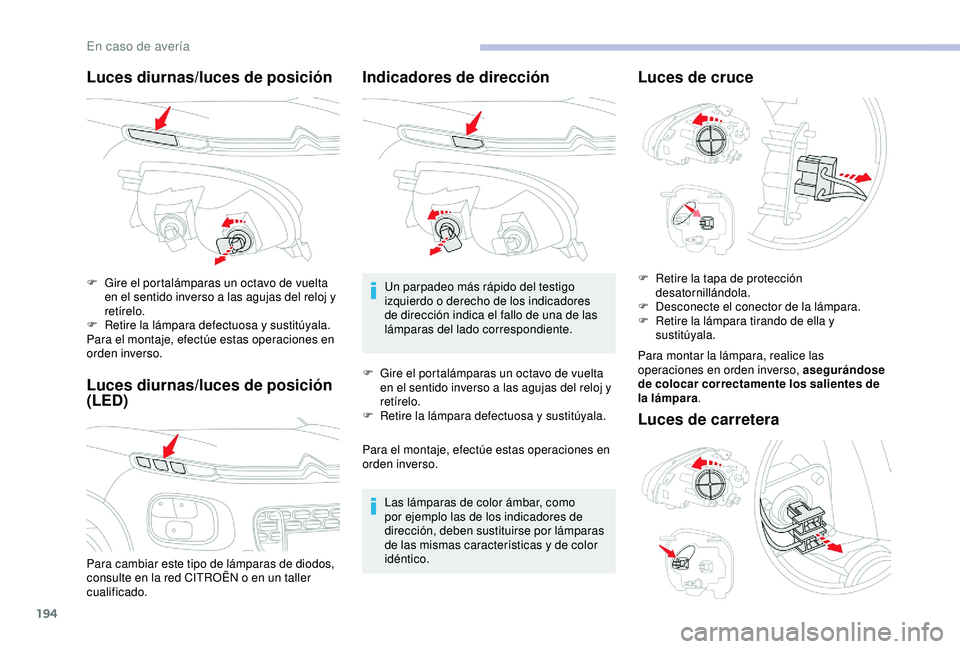 CITROEN C3 AIRCROSS 2019 Manuales de Empleo (in Spanish) 194
Luces diurnas/luces de posición
Luces diurnas/luces de posición
(LED)
Para cambiar este tipo de lámparas de diodos,
consulte en la red CITROËN o en un taller
cualificado. F
G
ire el porta CITROEN C3 AIRCROSS 2019 Manuales de Empleo (in Spanish) 194
Luces diurnas/luces de posición
Luces diurnas/luces de posición
(LED)
Para cambiar este tipo de lámparas de diodos,
consulte en la red CITROËN o en un taller
cualificado. F
G
ire el porta