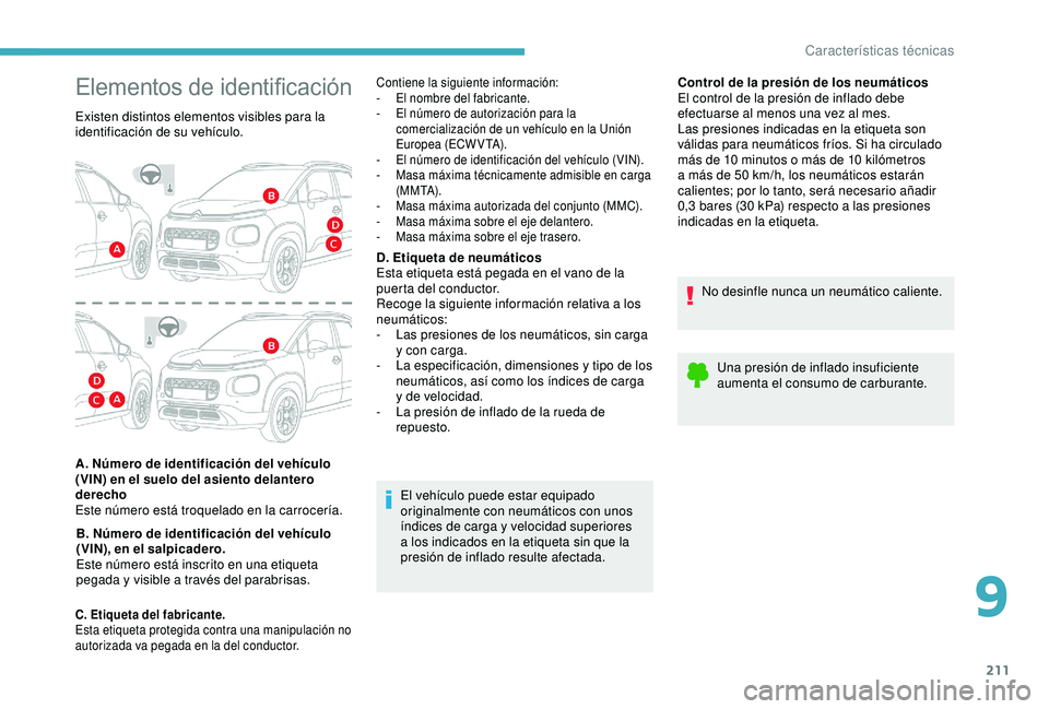 CITROEN C3 AIRCROSS 2019 Manuales de Empleo (in Spanish) 211
Control de la presión de los neumáticos
El control de la presión de inflado debe
efectuarse al menos una vez al mes.
Las presiones indicadas en la etiqueta son
válidas para neumáticos frío CITROEN C3 AIRCROSS 2019 Manuales de Empleo (in Spanish) 211
Control de la presión de los neumáticos
El control de la presión de inflado debe
efectuarse al menos una vez al mes.
Las presiones indicadas en la etiqueta son
válidas para neumáticos frío