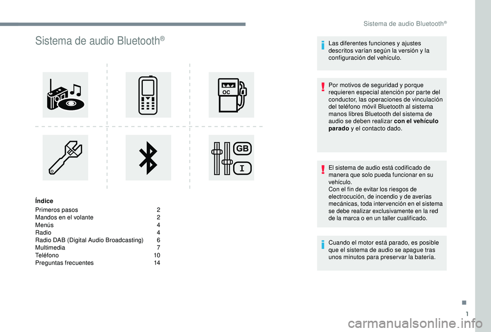 CITROEN C3 AIRCROSS 2019  Manuales de Empleo (in Spanish) 1
Sistema de audio Bluetooth®
Índice
Primeros pasos
 2
M

andos en el volante  
2
M

enús  
4
R

adio   4
Radio DAB (Digital Audio Broadcasting)
 
6
M

ultimedia
 7
T

eléfono
 
 10
Preguntas frec