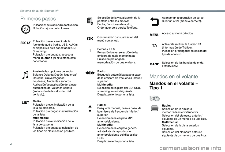 CITROEN C3 AIRCROSS 2019  Manuales de Empleo (in Spanish) 2
Primeros pasos
Pulsación: activación/Desactivación.
Rotación: ajuste del volumen.
Pulsación breve: cambio de la 
fuente de audio (radio, USB, AUX (si 
el dispositivo está conectado); CD; 
Stre