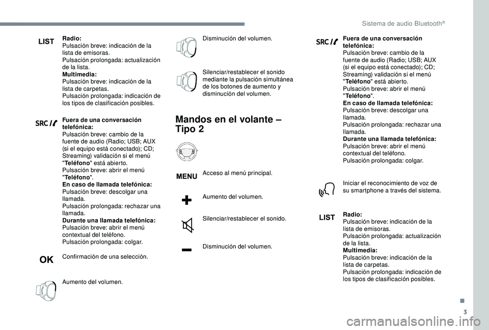 CITROEN C3 AIRCROSS 2019  Manuales de Empleo (in Spanish) 3
Radio:
Pulsación breve: indicación de la 
lista de emisoras.
Pulsación prolongada: actualización 
de la lista.
Multimedia:
Pulsación breve: indicación de la 
lista de carpetas.
Pulsación prol