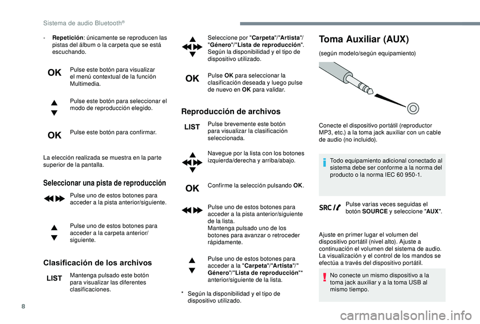 CITROEN C3 AIRCROSS 2019 Manuales de Empleo (in Spanish) 8
- Repetición: únicamente se reproducen las
pistas del álbum o la carpeta que se está
escuchando.
Pulse este botón para visualizar
el menú contextual de la función
Multimedia.
Pulse este b CITROEN C3 AIRCROSS 2019 Manuales de Empleo (in Spanish) 8
- Repetición: únicamente se reproducen las
pistas del álbum o la carpeta que se está
escuchando.
Pulse este botón para visualizar
el menú contextual de la función
Multimedia.
Pulse este b
