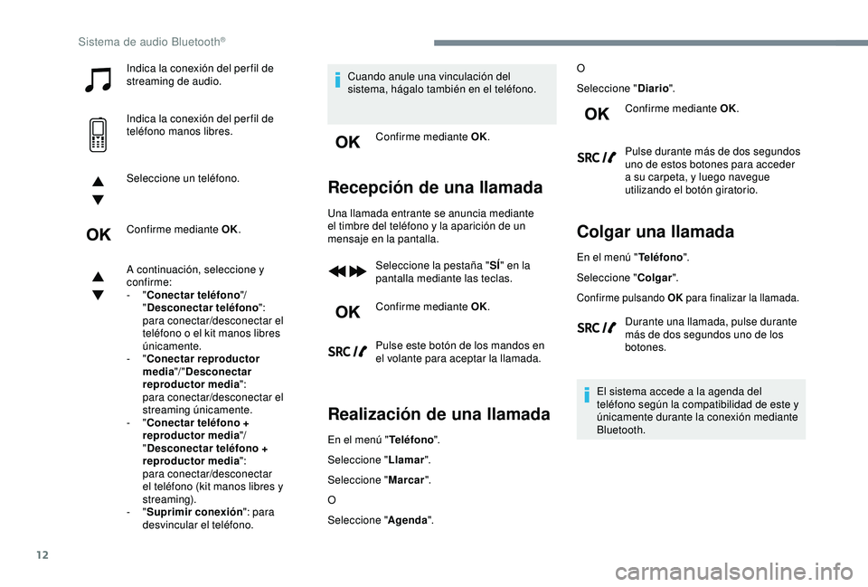 CITROEN C3 AIRCROSS 2019 Manuales de Empleo (in Spanish) 12
Indica la conexión del per fil de
streaming de audio.
Indica la conexión del per fil de
teléfono manos libres.
Seleccione un teléfono.
Confirme mediante OK.
A continuación, seleccione y
con CITROEN C3 AIRCROSS 2019 Manuales de Empleo (in Spanish) 12
Indica la conexión del per fil de
streaming de audio.
Indica la conexión del per fil de
teléfono manos libres.
Seleccione un teléfono.
Confirme mediante OK.
A continuación, seleccione y
con