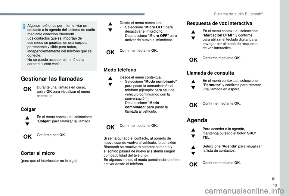 CITROEN C3 AIRCROSS 2019 Manuales de Empleo (in Spanish) 13
Algunos teléfonos permiten enviar un
contacto a la agenda del sistema de audio
mediante conexión Bluetooth.
Los contactos que se importan de
ese modo se guardan en una carpeta
permanente visi CITROEN C3 AIRCROSS 2019 Manuales de Empleo (in Spanish) 13
Algunos teléfonos permiten enviar un
contacto a la agenda del sistema de audio
mediante conexión Bluetooth.
Los contactos que se importan de
ese modo se guardan en una carpeta
permanente visi