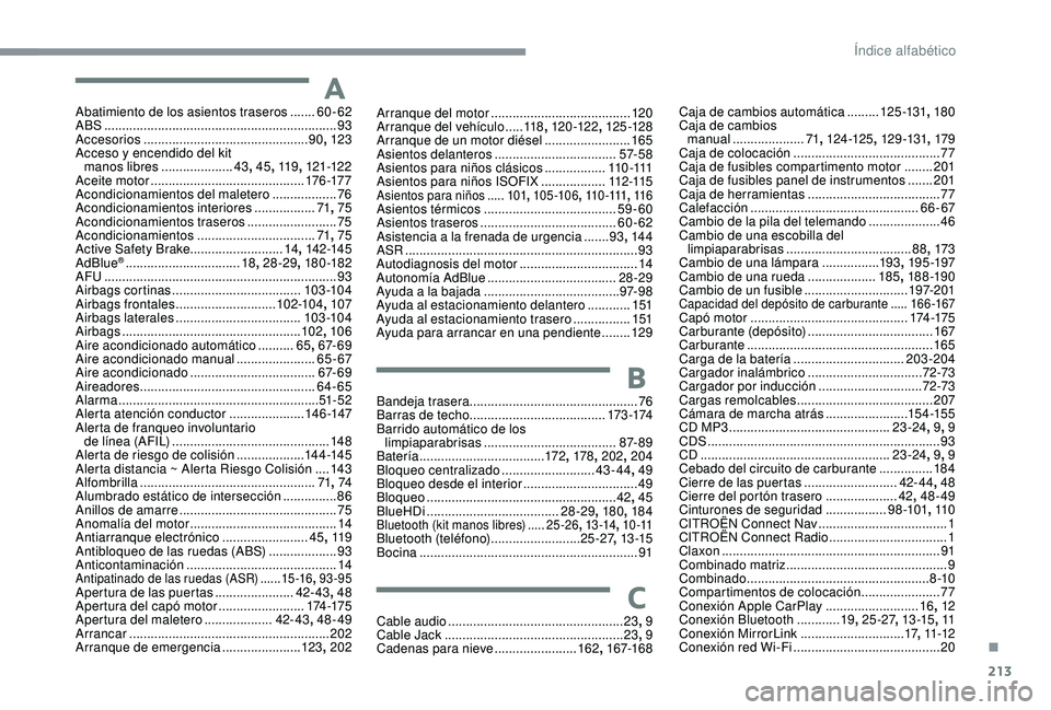 CITROEN C3 AIRCROSS 2019  Manuales de Empleo (in Spanish) 213
AAbatimiento de los asientos traseros .......6 0-62
ABS ........ ......................................................... 93
Accesorios
 

.............................................. 90, 123
A