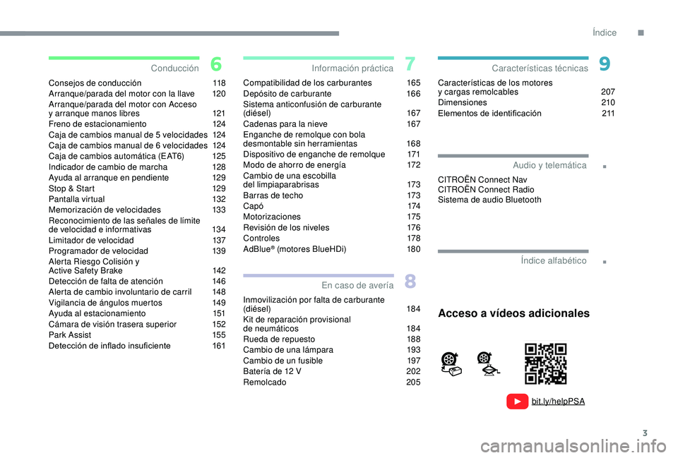 CITROEN C3 AIRCROSS 2019  Manuales de Empleo (in Spanish) 3
.
.
bit.ly/helpPSA
Consejos de conducción 118
Arranque/parada del motor con la llave  1 20
Arranque/parada del motor con Acceso 
y
  arranque manos libres  
1
 21
Freno de estacionamiento
 
1
 24
C