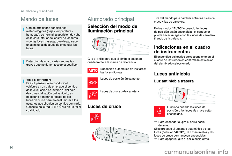 CITROEN C3 AIRCROSS 2019 Manuales de Empleo (in Spanish) 80
Mando de luces
Con determinadas condiciones
meteorológicas (bajas temperaturas,
humedad), es normal la aparición de vaho
en la cara interior del cristal de los faros
y de las luces traseras, CITROEN C3 AIRCROSS 2019 Manuales de Empleo (in Spanish) 80
Mando de luces
Con determinadas condiciones
meteorológicas (bajas temperaturas,
humedad), es normal la aparición de vaho
en la cara interior del cristal de los faros
y de las luces traseras,