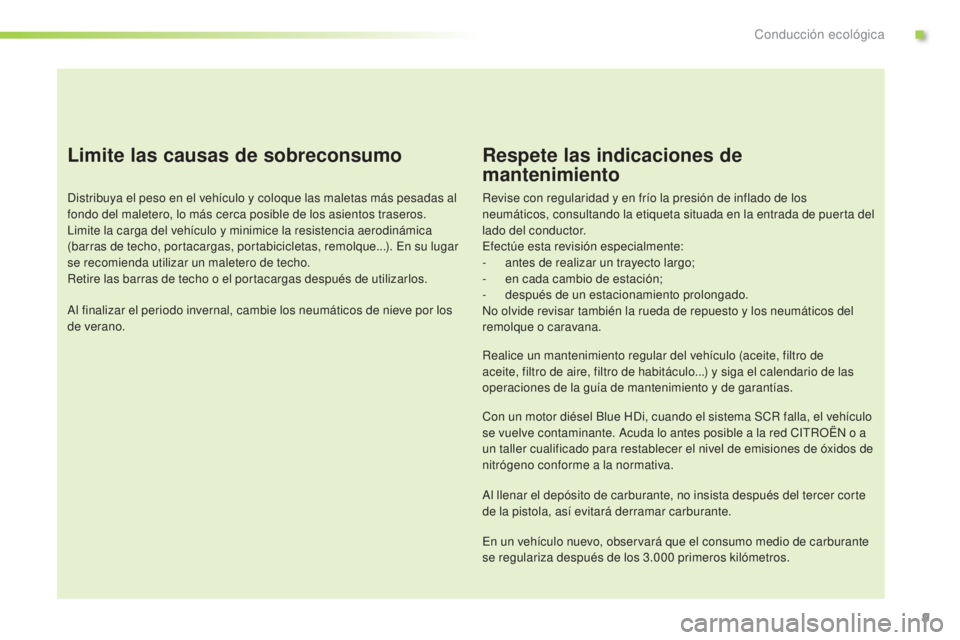 CITROEN C3 PICASSO 2015  Manuales de Empleo (in Spanish) 9
C3Picasso_es_Chap00c_eco-conduite_ed01-2014
Limite las causas de sobreconsumo
distribuya el peso en el vehículo y coloque las maletas más pesadas al 
fondo del maletero, lo más cerca posible de l CITROEN C3 PICASSO 2015  Manuales de Empleo (in Spanish) 9
C3Picasso_es_Chap00c_eco-conduite_ed01-2014
Limite las causas de sobreconsumo
distribuya el peso en el vehículo y coloque las maletas más pesadas al 
fondo del maletero, lo más cerca posible de l