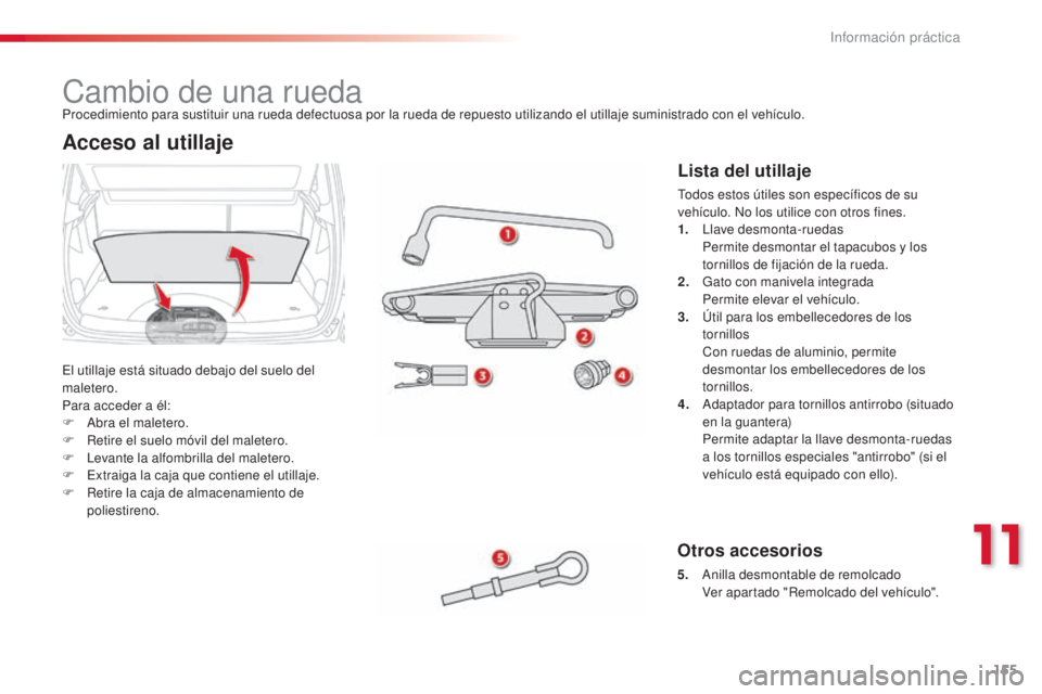 CITROEN C3 PICASSO 2015  Manuales de Empleo (in Spanish) 155
C3Picasso_es_Chap11_informations-pratiques_ed01-2014
Cambio de una rueda
el utillaje está situado debajo del suelo del 
maletero.
Para acceder a él:
F  a
br
 a el maletero.
F
 
R
 etire el suelo CITROEN C3 PICASSO 2015  Manuales de Empleo (in Spanish) 155
C3Picasso_es_Chap11_informations-pratiques_ed01-2014
Cambio de una rueda
el utillaje está situado debajo del suelo del 
maletero.
Para acceder a él:
F  a
br
 a el maletero.
F
 
R
 etire el suelo