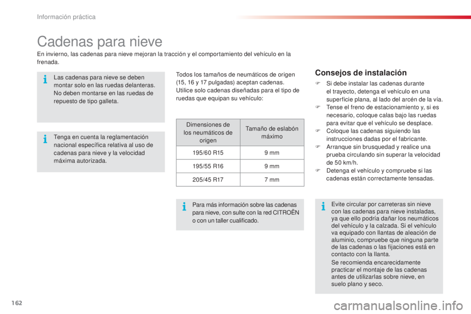 CITROEN C3 PICASSO 2015  Manuales de Empleo (in Spanish) 162
C3Picasso_es_Chap11_informations-pratiques_ed01-2014
Cadenas para nieve
dimensiones de 
los neumáticos de  origentam año de eslabón 
máximo
195/60 R15 9 mm
195/55 R16 9 mm
2 0 5 /4 5 R17 7 mm
 CITROEN C3 PICASSO 2015  Manuales de Empleo (in Spanish) 162
C3Picasso_es_Chap11_informations-pratiques_ed01-2014
Cadenas para nieve
dimensiones de 
los neumáticos de  origentam año de eslabón 
máximo
195/60 R15 9 mm
195/55 R16 9 mm
2 0 5 /4 5 R17 7 mm