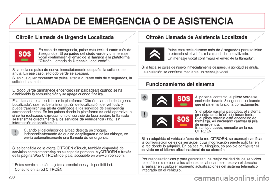 CITROEN C3 PICASSO 2015  Manuales de Empleo (in Spanish) 200
LLAMADA DE   EMERGENCIA  O   DE  ASISTENCIA
Citroën Llamada de Urgencia Localizada
en caso de emergencia, pulse esta tecla durante más de 
2 segundos.  e l parpadeo del diodo verde y un mensaje 