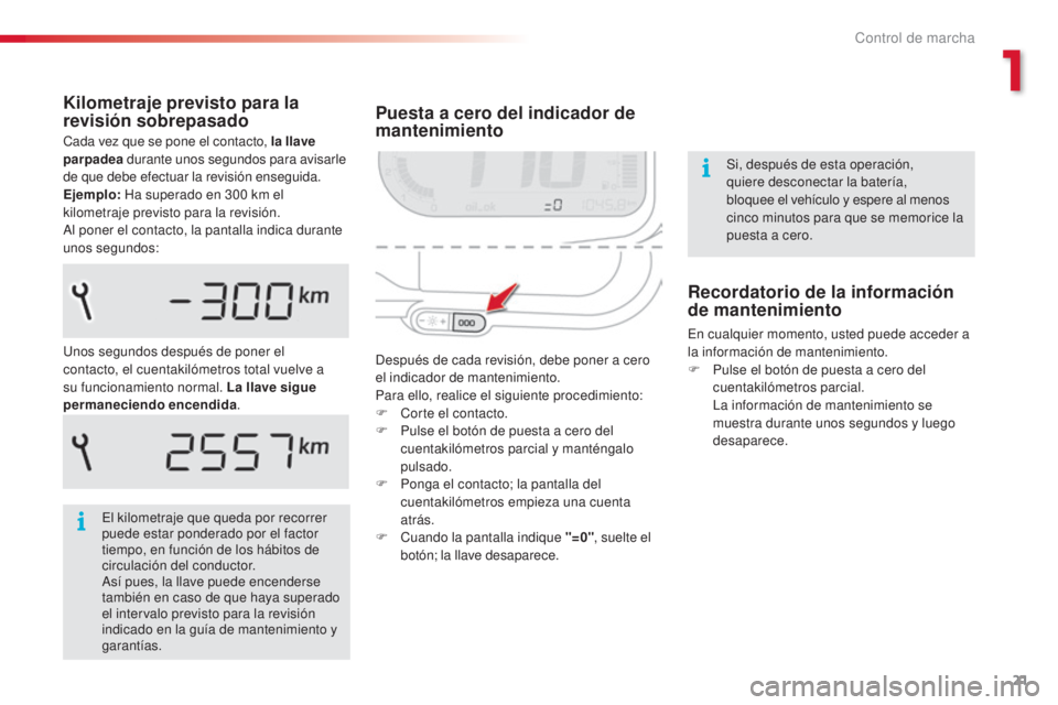 CITROEN C3 PICASSO 2015  Manuales de Empleo (in Spanish) 21
C3Picasso_es_Chap01_controle-de-marche_ed01-2014
Puesta a cero del indicador de 
mantenimiento
después de cada revisión, debe poner a cero 
el indicador de mantenimiento.
Para ello, realice el si CITROEN C3 PICASSO 2015  Manuales de Empleo (in Spanish) 21
C3Picasso_es_Chap01_controle-de-marche_ed01-2014
Puesta a cero del indicador de 
mantenimiento
después de cada revisión, debe poner a cero 
el indicador de mantenimiento.
Para ello, realice el si