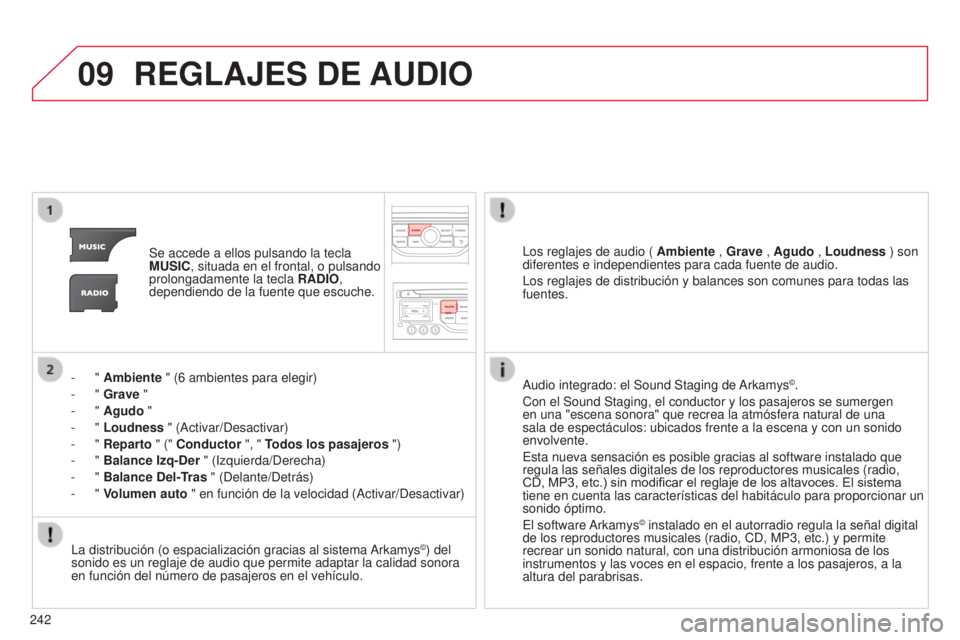 CITROEN C3 PICASSO 2015 Manuales de Empleo (in Spanish) 09
242
C3Picasso_es_Chap13b_Rt6-2-8_ed01-2014
REGLAJES DE AUDIO
Se accede a ellos pulsando la tecla
MUSIC, situada en el frontal, o pulsando
prolongadamente la tecla RADIO,
dependiendo de la fuen CITROEN C3 PICASSO 2015 Manuales de Empleo (in Spanish) 09
242
C3Picasso_es_Chap13b_Rt6-2-8_ed01-2014
REGLAJES DE AUDIO
Se accede a ellos pulsando la tecla
MUSIC, situada en el frontal, o pulsando
prolongadamente la tecla RADIO,
dependiendo de la fuen