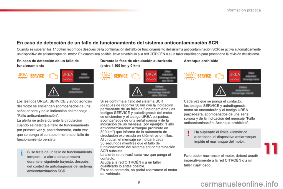 CITROEN C3 PICASSO 2015  Manuales de Empleo (in Spanish) 11
Información práctica
9
   
 
En caso de detección de un fallo de funcionamiento del sistema anticontaminación SCR 
 
Cuando se superan los 1.100 km recorridos después de la confirmación del f CITROEN C3 PICASSO 2015  Manuales de Empleo (in Spanish) 11
Información práctica
9
   
 
En caso de detección de un fallo de funcionamiento del sistema anticontaminación SCR 
 
Cuando se superan los 1.100 km recorridos después de la confirmación del f