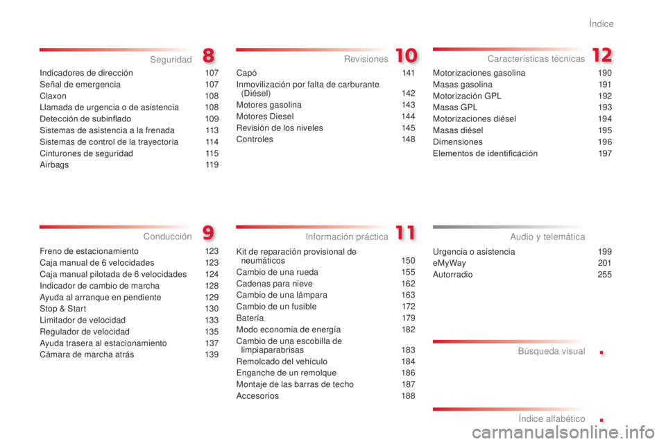 CITROEN C3 PICASSO 2015  Manuales de Empleo (in Spanish) .
.
C3Picasso_es_Chap00a_sommaire_ed01-2014
indicadores de dirección 107
Señal de emergencia
 1
 07
Claxon
 

108
ll

amada de urgencia o de asistencia  
1
 08
Detección de subinflado
 
1
 09
Siste