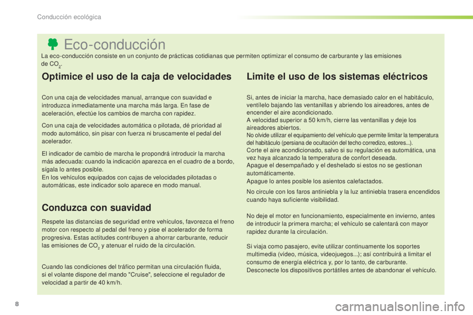 CITROEN C3 PICASSO 2015  Manuales de Empleo (in Spanish) 8
C3Picasso_es_Chap00c_eco-conduite_ed01-2014
eco-conducción
Optimice el uso de la caja de velocidades
Con una caja de velocidades manual, arranque con suavidad e 
introduzca inmediatamente una march