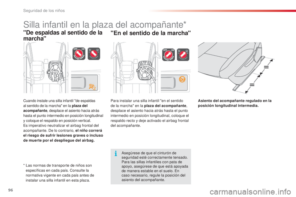 CITROEN C3 PICASSO 2015  Manuales de Empleo (in Spanish) 96
C3Picasso_es_Chap07_securite-enfants_ed01-2014
Silla infantil en la plaza del acompañante*
"De espaldas al sentido de la 
marcha"
Cuando instale una silla infantil "de espaldas 
al sen