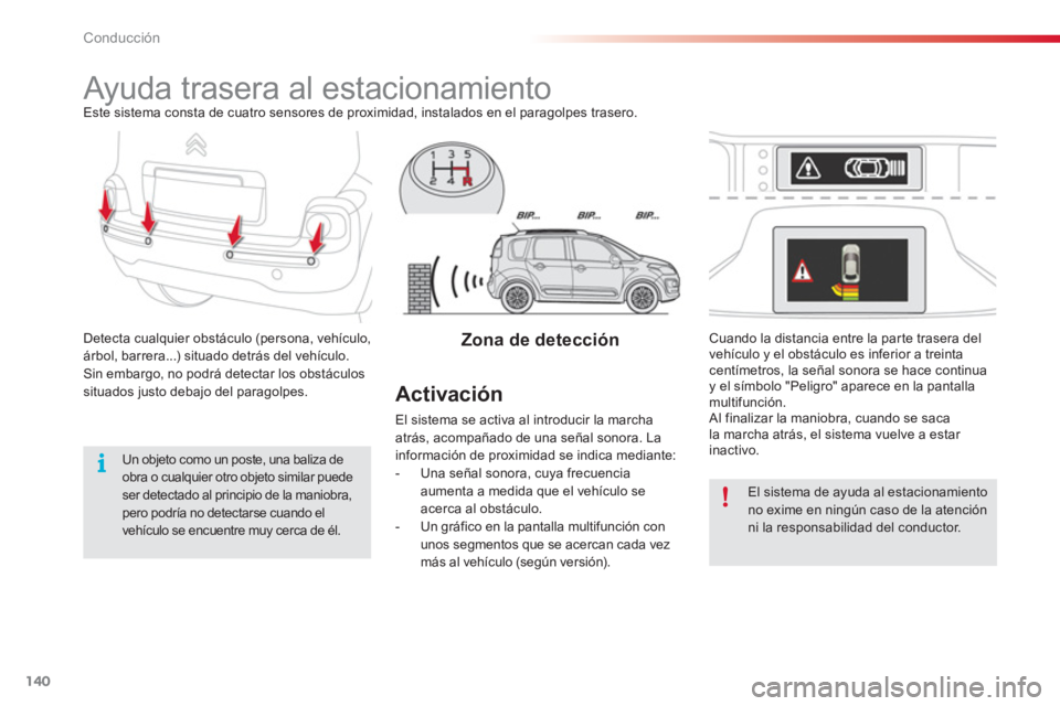 CITROEN C3 PICASSO 2014  Manuales de Empleo (in Spanish) Conducción
140
   
 
 
 
 
Ayuda trasera al estacionamiento Este sistema consta de cuatro sensores de proximidad, instalados en el paragolpes trasero.
Detecta cualquier obstáculo 
(persona, vehícul