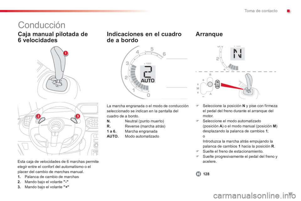 CITROEN C3 PICASSO 2014  Manuales de Empleo (in Spanish) .To m a  d e  c o n t a c t o
17
  Conducción 
 
Esta caja de velocidades de 6 marchas permiteelegir entre el confor t del automatismo o el 
placer del cambio de marchas manual. 
1
.Palanca de cambio