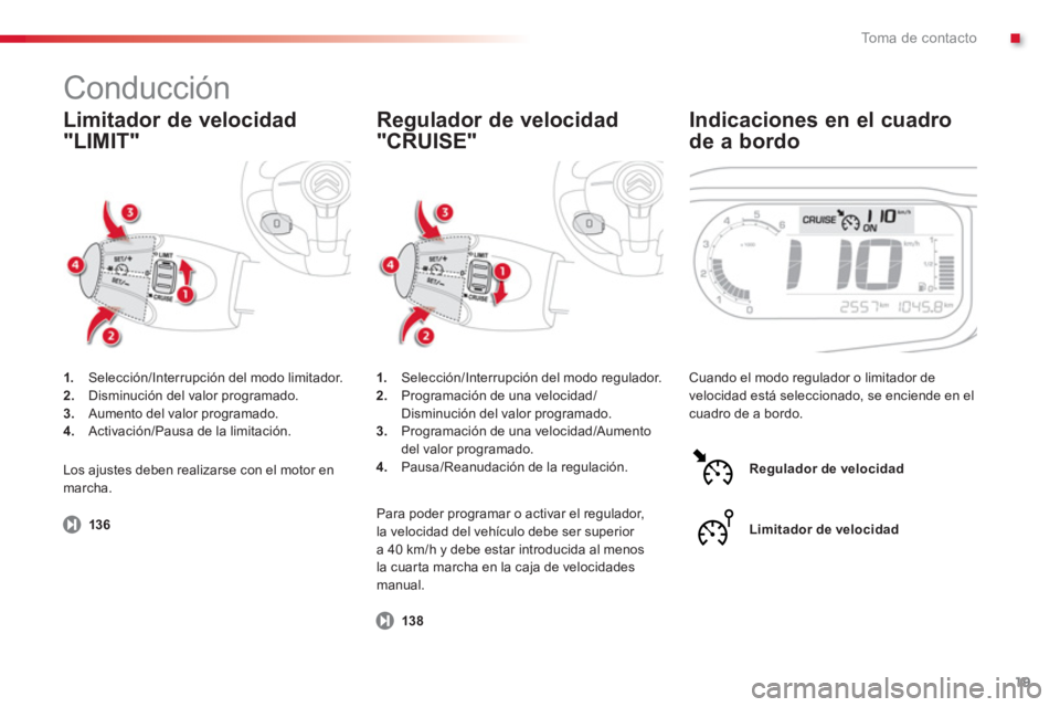 CITROEN C3 PICASSO 2014  Manuales de Empleo (in Spanish) .To m a  d e  c o n t a c t o
19
   
Limitador de velocidad
"LIMIT"
 
 
Indicaciones en el cuadro
de a bordo 
1. 
  Selección/Interrupción del modo limitador.2.Disminución del valor programado. 3.A