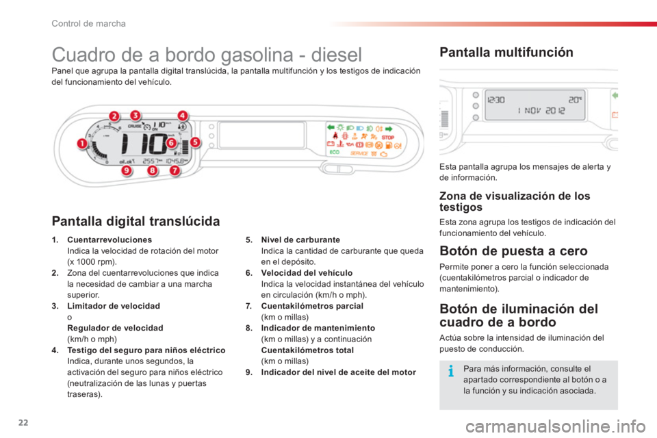 CITROEN C3 PICASSO 2014  Manuales de Empleo (in Spanish) Control de marcha
22
   
 
 
 
 
 
 
 
 
 
 
 
 
 
 
 
 
Cuadro de a bordo gasolina - diesel 
Panel que agrupa la pantalla digital translúcida, la pantalla multifunción y los testigos de indicación