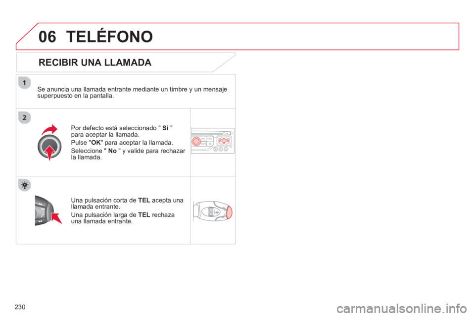 CITROEN C3 PICASSO 2014  Manuales de Empleo (in Spanish) 230
06TELÉFONO
   
RECIBIR UNA LLAMADA 
 
 
Se anuncia una llamada entrante mediante un timbre y un mensajesuperpuesto en la pantalla.  
P
or defecto está seleccionado "Sí" para aceptar la llamada.