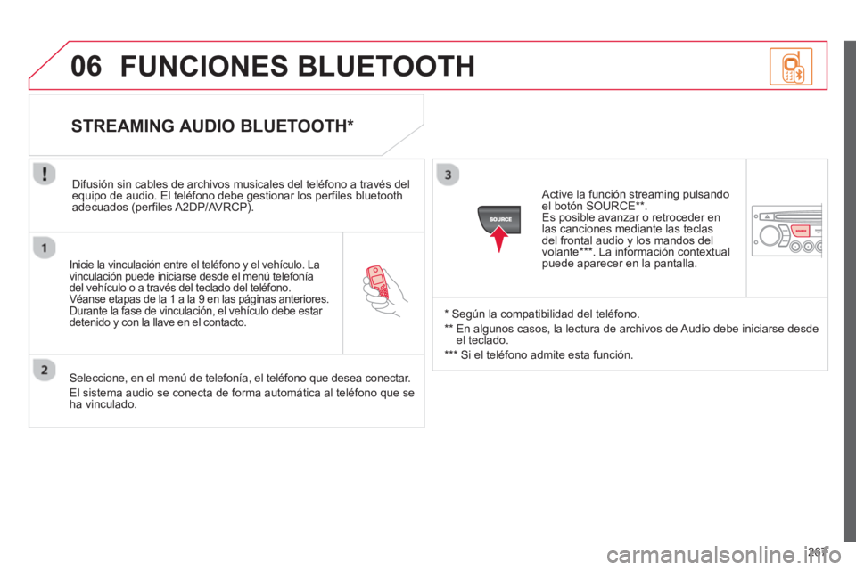 CITROEN C3 PICASSO 2014  Manuales de Empleo (in Spanish) 267
06
   
Inicie la vinculación entre el teléfono y el vehículo. La 
vinculación puede iniciarse desde el menú telefoníadel vehículo o a través del teclado del teléfono.
Véanse etapas de la