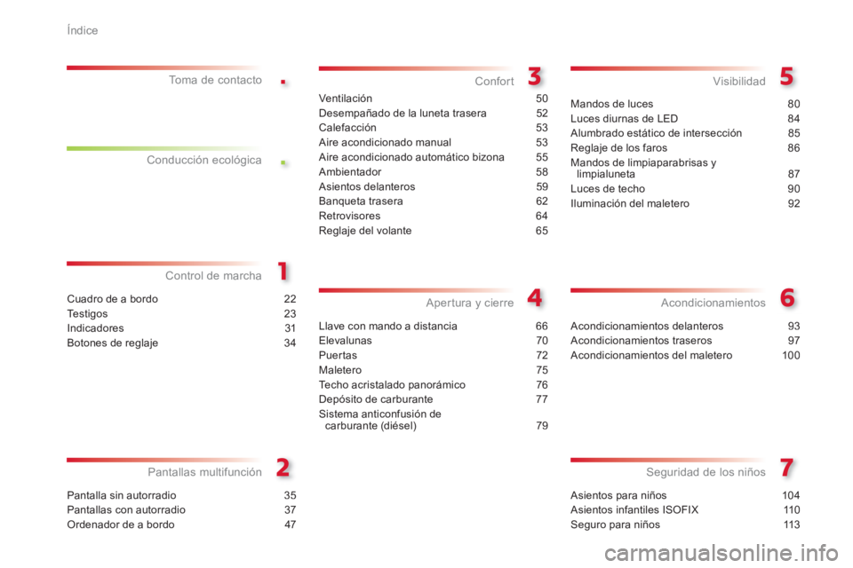 CITROEN C3 PICASSO 2014  Manuales de Empleo (in Spanish) .
.
Índice
Asientos para niños  104
Asientos infantiles ISOFIX 110
Seguro para niños  113
Seguridad de los niños
Cuadro de a bordo 22
Te s t igos 23
Indicadores 31
Botones de reglaje 34
Control de