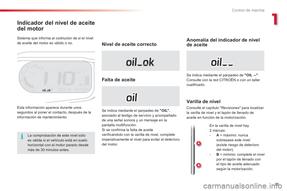 CITROEN C3 PICASSO 2014  Manuales de Empleo (in Spanish) 1
Control de marcha
33
Indicador del nivel de aceite
del motor 
  Esta información aparece durante unos segundos al poner el contacto, después de la 
información de mantenimiento. 
Nivel de aceite 