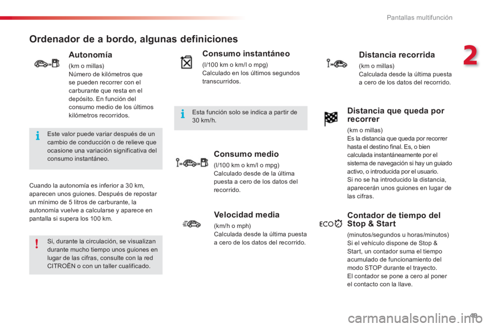 CITROEN C3 PICASSO 2014  Manuales de Empleo (in Spanish) 2
Pantallas multifunción
49
   
 
 
 
 
Ordenador de a bordo, algunas definiciones
 
 Cuando la autonomía es inferior a 30 km, 
aparecen unos guiones. Después de repostar 
un mínimo de 5 litros de