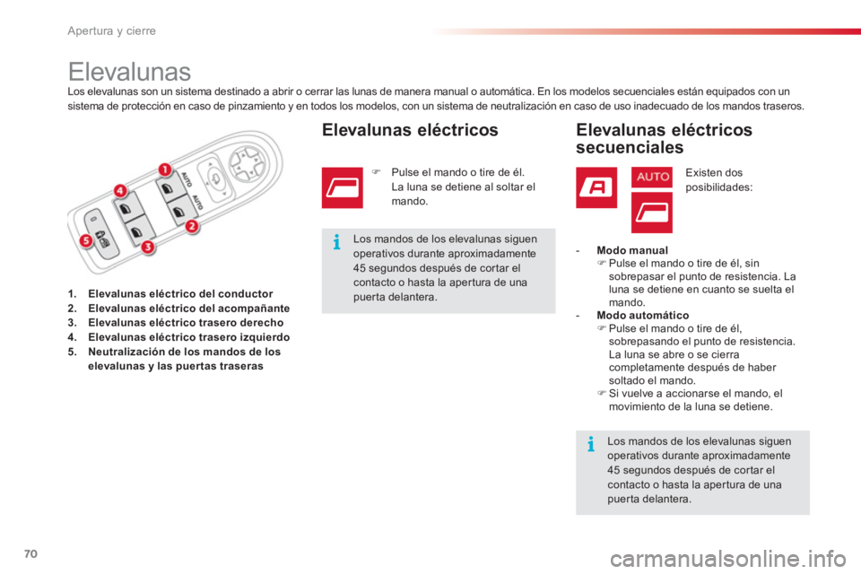 CITROEN C3 PICASSO 2014  Manuales de Empleo (in Spanish) Apertura y cierre
70
   
 
 
 
 
 
 
 
 
 
 
 
 
 
 
 
 
Elevalunas Los elevalunas son un sistema destinado a abrir o cerrar las lunas de manera manual o automática. En los modelos secuenciales está