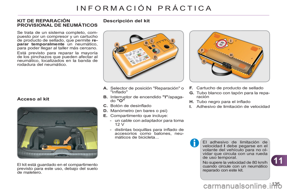 CITROEN C3 PICASSO 2012  Manuales de Empleo (in Spanish) 11
135
INFORMACIÓN PRÁCTICA
KIT DE REPARACIÓN PROVISIONAL DE NEUMÁTICOS 
  Se trata de un sistema completo, com-
puesto por un compresor y un cartucho 
de producto de sellado, que permite  re-
par