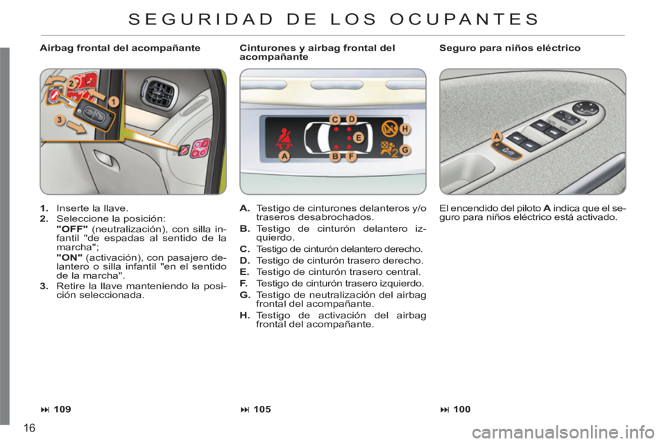CITROEN C3 PICASSO 2012  Manuales de Empleo (in Spanish) 16
   
Airbag frontal del acompañante    
Seguro para niños eléctrico 
   
 
1. 
  Inserte la llave. 
   
2. 
  Seleccione la posición:  
  "OFF" 
 (neutralización), con silla in-
fantil "de espa