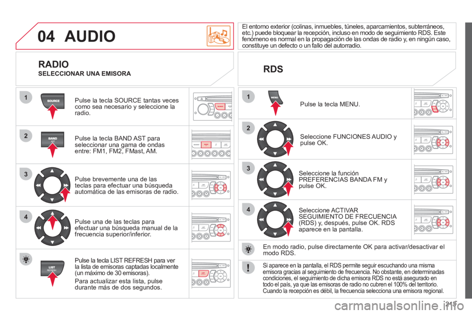 CITROEN C3 PICASSO 2012 Manuales de Empleo (in Spanish) 213
04
1
2
3
4
1
2
3
4
SOURCE
BANDAST
LISTREFRESH
MENU
AUDIO
Pulse la tecla SOURCE tantas vecescomo sea necesario y seleccione laradio.
Pulse la tecla BAND A
ST paraseleccionar una gama de CITROEN C3 PICASSO 2012 Manuales de Empleo (in Spanish) 213
04
1
2
3
4
1
2
3
4
SOURCE
BANDAST
LISTREFRESH
MENU
AUDIO
Pulse la tecla SOURCE tantas vecescomo sea necesario y seleccione laradio.
Pulse la tecla BAND A
ST paraseleccionar una gama de