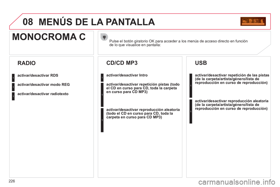 CITROEN C3 PICASSO 2012  Manuales de Empleo (in Spanish) 226
08MENÚS DE LA PANTALLA 
Pulse el botón giratorio OK para acceder a los menús de acceso directo en función de lo que visualice en pantalla:
MONOCROMA C 
activar/desactivar RDS
activar/desactiva