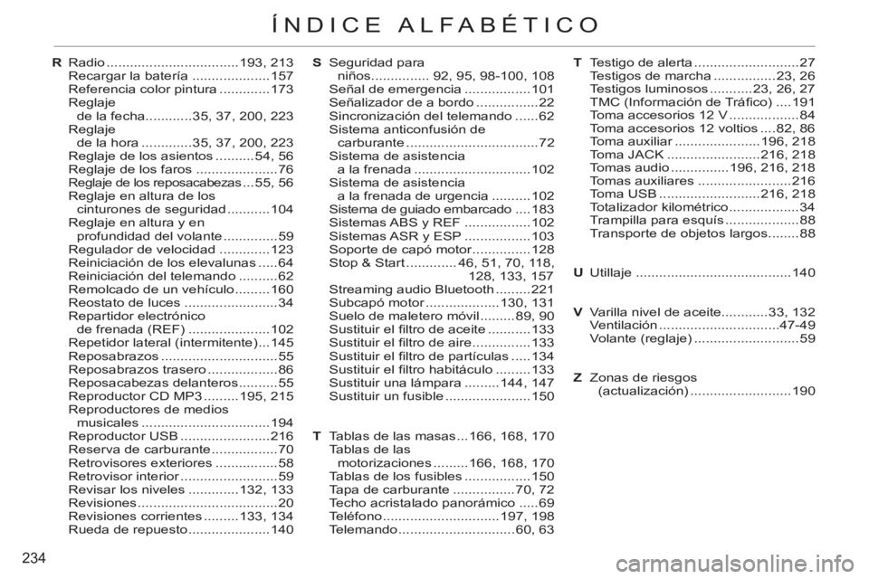 CITROEN C3 PICASSO 2012  Manuales de Empleo (in Spanish) 234
ÍNDICE ALFABÉTICO
R Radio ..................................193, 213
  Recargar la batería ....................157
  Referencia color pintura .............173
 Reglaje 
de la fecha ............