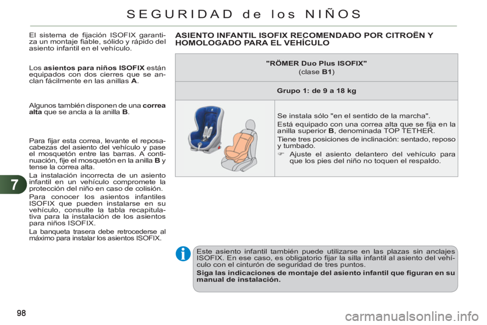 CITROEN C3 PICASSO 2012 Manuales de Empleo (in Spanish) 7
SEGURIDAD de los NIÑOS
El sistema de fi jación ISOFIX garanti-
za un montaje fi able, sólido y rápido del
asiento infantil en el vehículo.
Los asientos para niños ISOFIX
están
equ CITROEN C3 PICASSO 2012 Manuales de Empleo (in Spanish) 7
SEGURIDAD de los NIÑOS
El sistema de fi jación ISOFIX garanti-
za un montaje fi able, sólido y rápido del
asiento infantil en el vehículo.
Los asientos para niños ISOFIX
están
equ