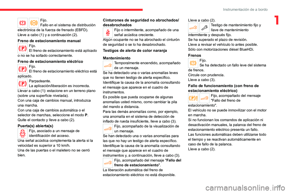 CITROEN C4 2021  Manuales de Empleo (in Spanish) 13
Instrumentación de a bordo
1Fijo.
Fallo en el sistema de distribución 
electrónica de la fuerza de frenado
  (EBFD).
Lleve a cabo (1) y a continuación (2).
Freno de estacionamiento manualFijo.
