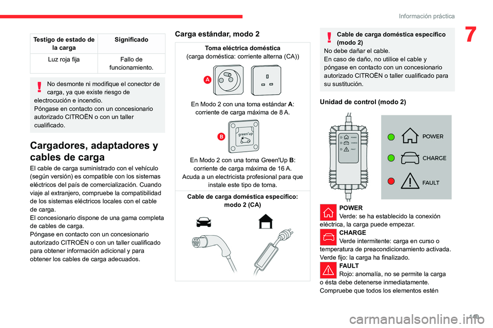 CITROEN C4 2021  Manuales de Empleo (in Spanish) 149
Información práctica
7Testigo de estado de la carga Significado
Luz roja fija Fallo de 
funcionamiento.
No desmonte ni modifique el conector de 
carga, ya que existe riesgo de 
electrocución e 