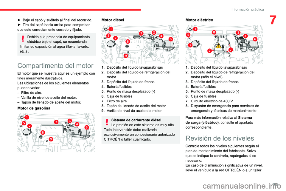 CITROEN C4 2021  Manuales de Empleo (in Spanish) 163
Información práctica
7► Baje el capó y suéltelo al final del recorrido.
►  T ire del capó hacia arriba para comprobar 
que este correctamente cerrado y fijado.
Debido a la presencia de eq