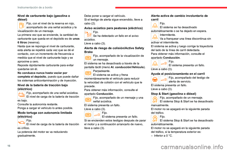 CITROEN C4 2021  Manuales de Empleo (in Spanish) 16
Instrumentación de a bordo
Nivel de carburante bajo (gasolina o 
diésel)
Fijo, con el nivel de la reserva en rojo, 
acompañado de una señal acústica y la 
visualización de un mensaje.
La prim
