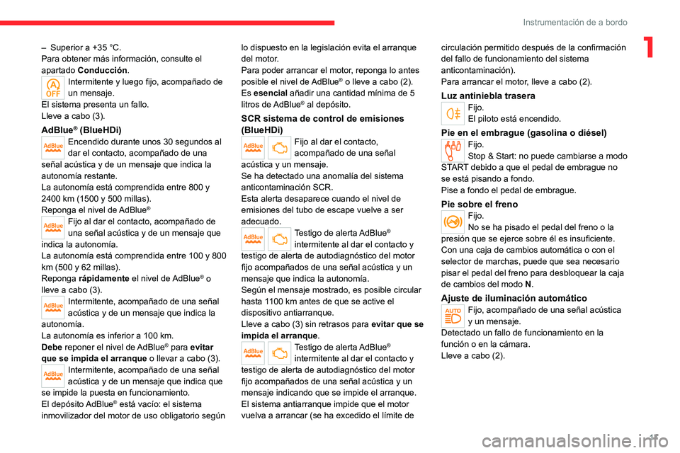 CITROEN C4 2021  Manuales de Empleo (in Spanish) 17
Instrumentación de a bordo
1– Superior a +35  °C.
Para obtener más información, consulte el 
apartado  Conducción .
Intermitente y luego fijo, acompañado de 
un mensaje.
El sistema presenta