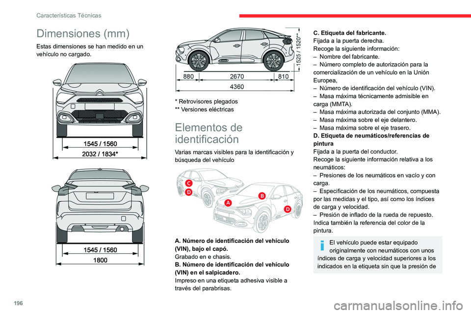 CITROEN C4 2021  Manuales de Empleo (in Spanish) 196
Características Técnicas
Dimensiones (mm)
Estas dimensiones se han medido en un 
vehículo no cargado.
 
 
 
 
 
 
* Retrovisores plegados
** Versiones eléctricas
Elementos de 
identificación
