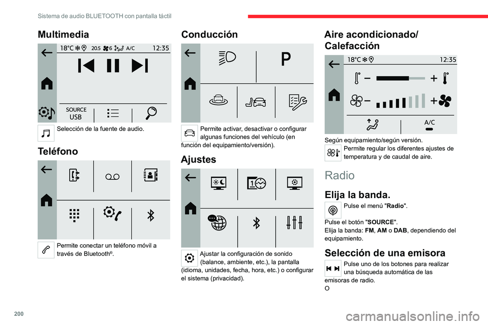 CITROEN C4 2021  Manuales de Empleo (in Spanish) 200
Sistema de audio BLUETOOTH con pantalla táctil
Multimedia 
 
Selección de la fuente de audio. 
Teléfono 
 
Permite conectar un teléfono móvil a 
través de Bluetooth®.
Conducción 
 
Permite