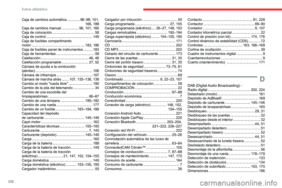 CITROEN C4 2021  Manuales de Empleo (in Spanish) 236
Índice alfabético
Caja de cambios automática     96–98, 101,  
166, 188
Caja de cambios manual
    
96, 101, 166
Caja de colocación
    
58
Caja de control
    
149
Caja de fusibles comparti