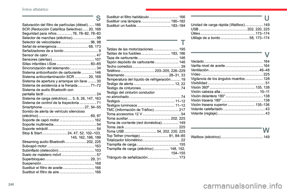 CITROEN C4 2021 Manuales de Empleo (in Spanish) 240
Índice alfabético
S
Saturación del filtro de partículas (diésel) 166
SCR (Reducción Catalítica Selectiva)
20, 168
Seguridad para niños
76, 78–82, 78–83
Selector de marcha CITROEN C4 2021 Manuales de Empleo (in Spanish) 240
Índice alfabético
S
Saturación del filtro de partículas (diésel) 166
SCR (Reducción Catalítica Selectiva)
20, 168
Seguridad para niños
76, 78–82, 78–83
Selector de marcha