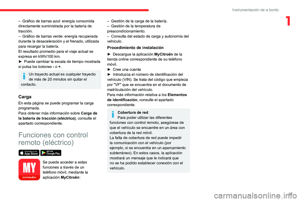 CITROEN C4 2021 Manuales de Empleo (in Spanish) 27
Instrumentación de a bordo
1– Gráfico de barras azul: energía consumida
directamente suministrada por la batería de
tracción.
–
Gráfico de barras verde: energía recuperada
durante l CITROEN C4 2021 Manuales de Empleo (in Spanish) 27
Instrumentación de a bordo
1– Gráfico de barras azul: energía consumida
directamente suministrada por la batería de
tracción.
–
Gráfico de barras verde: energía recuperada
durante l