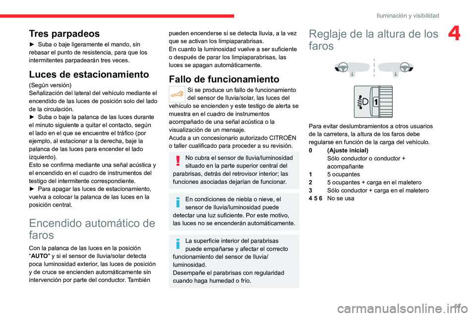 CITROEN C4 2021 Manuales de Empleo (in Spanish) 61
Iluminación y visibilidad
4Tres parpadeos
► Suba o baje ligeramente el mando, sin
rebasar el punto de resistencia, para que los
intermitentes parpadearán tres veces.
Luces de estacionamiento
CITROEN C4 2021 Manuales de Empleo (in Spanish) 61
Iluminación y visibilidad
4Tres parpadeos
► Suba o baje ligeramente el mando, sin
rebasar el punto de resistencia, para que los
intermitentes parpadearán tres veces.
Luces de estacionamiento